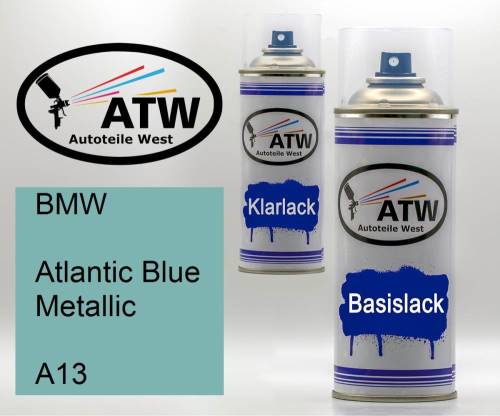 BMW, Atlantic Blue Metallic, A13: 400ml Sprühdose + 400ml Klarlack - Set, von ATW Autoteile West.